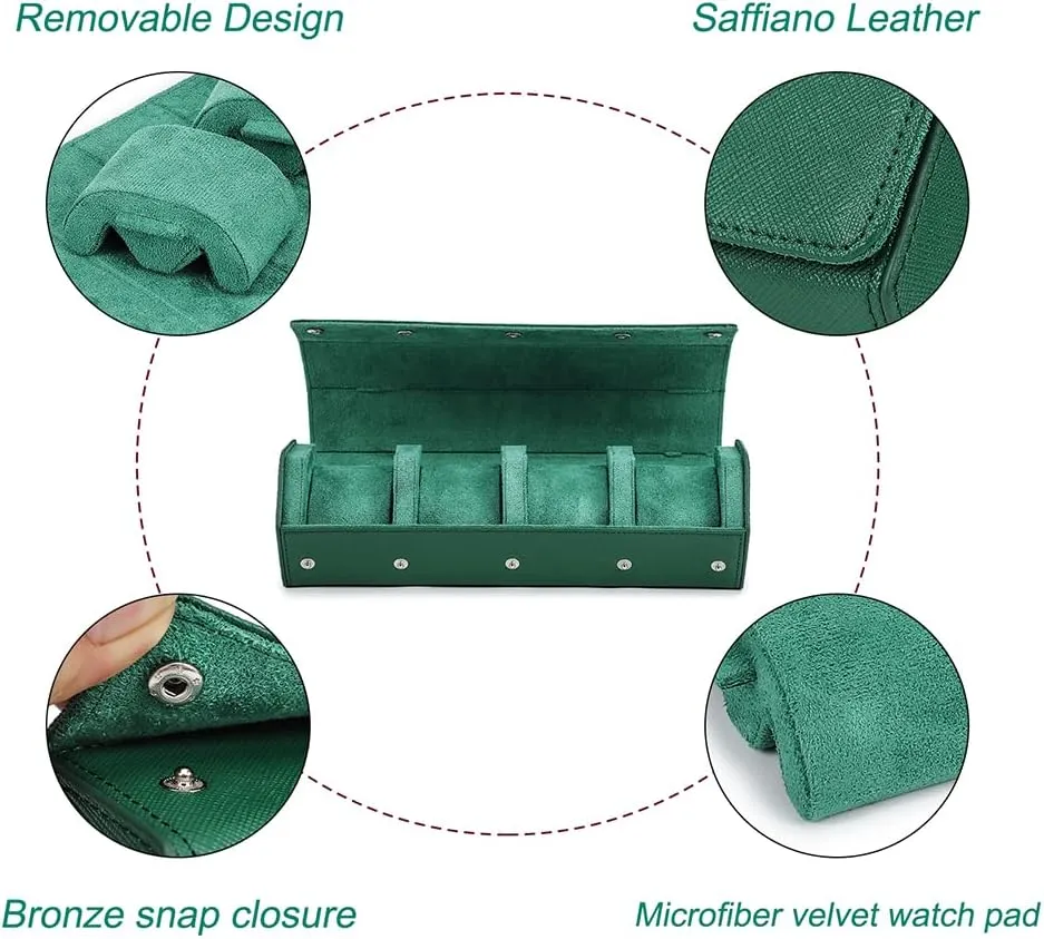 Case for Treasured Watches monetary and Bracelets(Green) Hiram Genuine Leather Saffiano Leather Watch Roll Travel Case, Leather 4-Watches Roll 