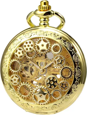 Case Pocket Watches with Chain Box ROLTIN Mens Womens Mechanical impersonation induct reorient disturbance rival Skeleton Pocket Watch Bronze Gear Hollow 