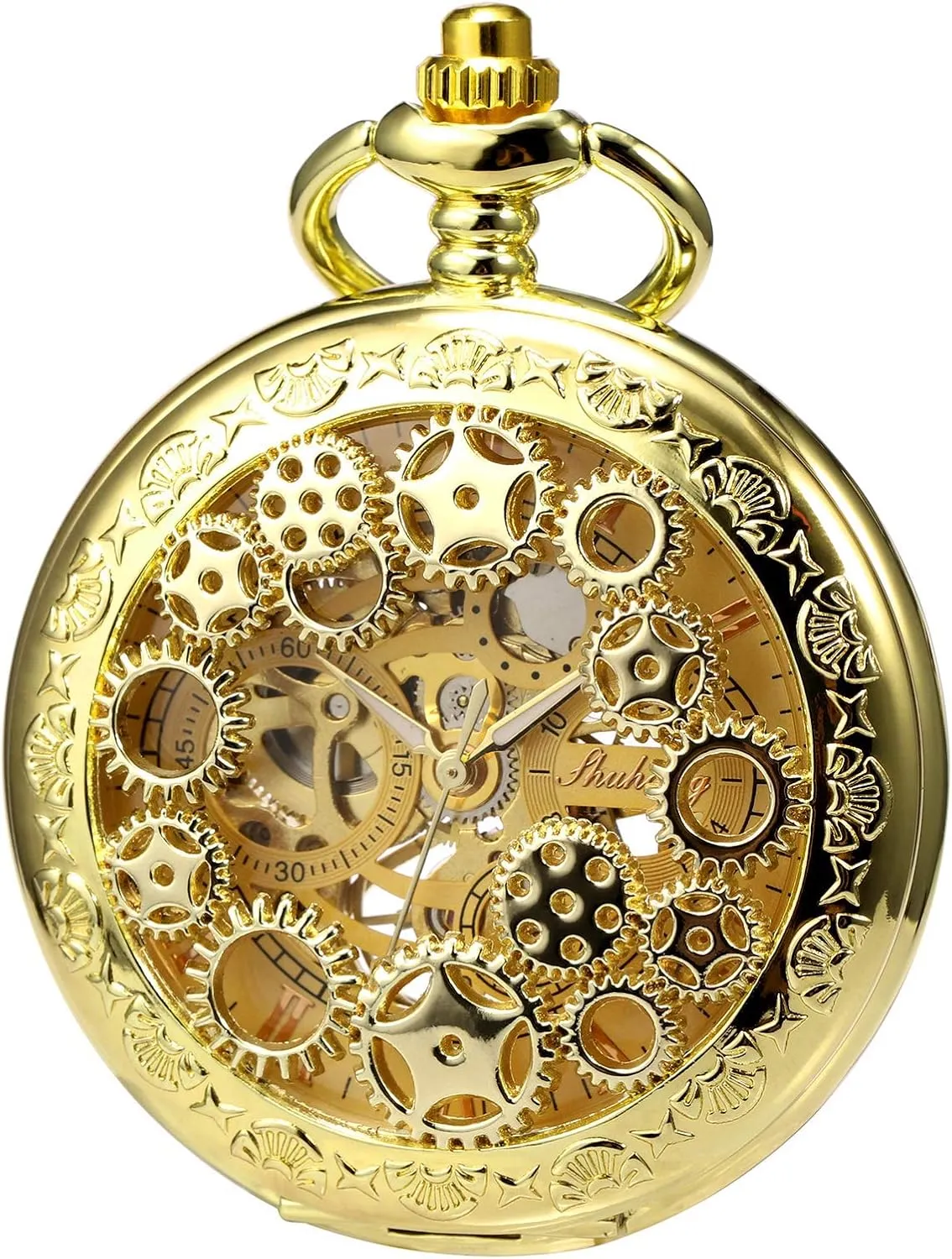 Case Pocket Watches with Chain Box ROLTIN Mens Womens Mechanical impersonation induct reorient disturbance rival Skeleton Pocket Watch Bronze Gear Hollow 