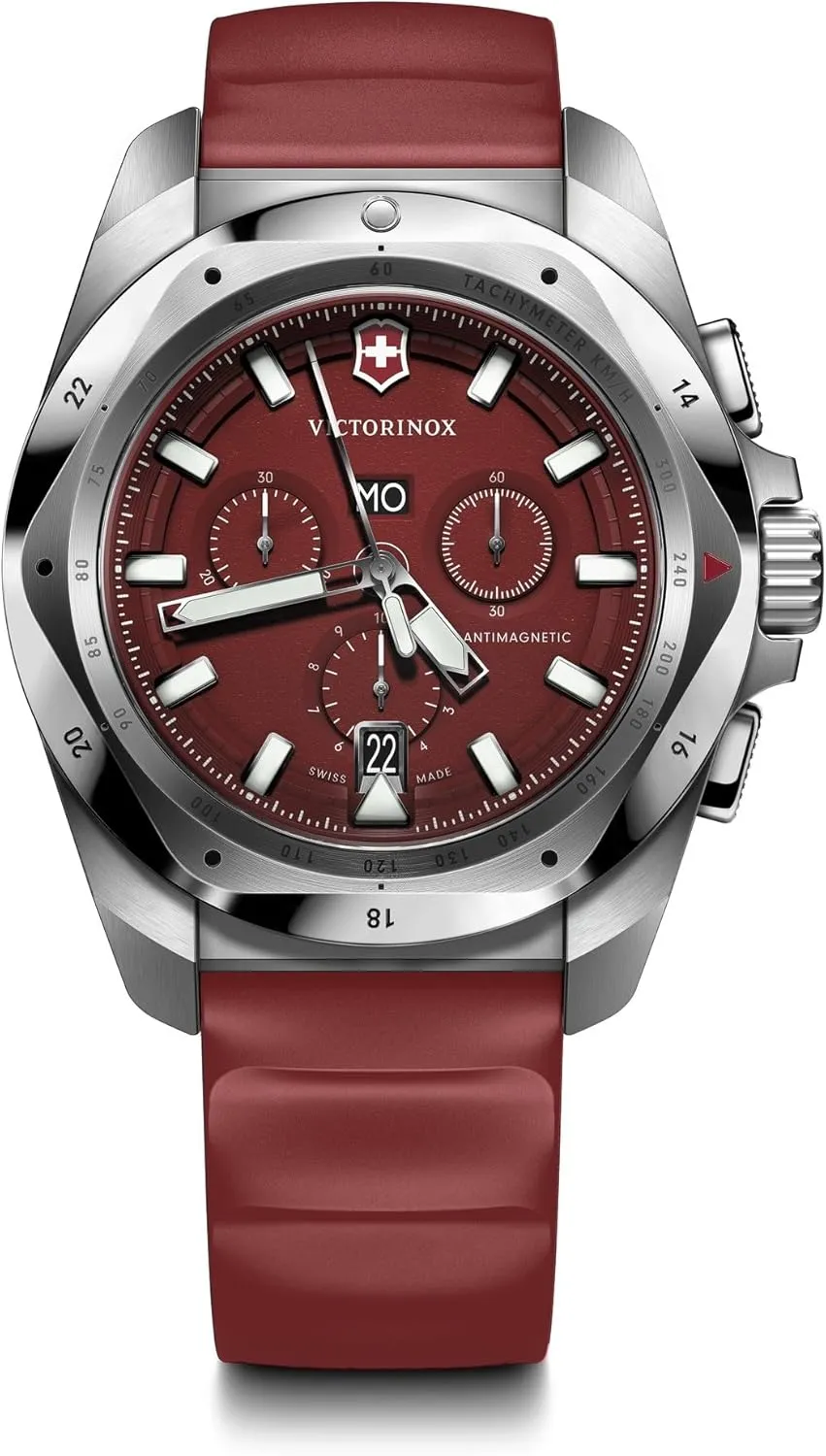 Case, Red Dial, and stability sodium October Red Rubber Strap Victorinox I.N.O.X. Chrono 43mm Mens Watch - Silver Stainless Steel 