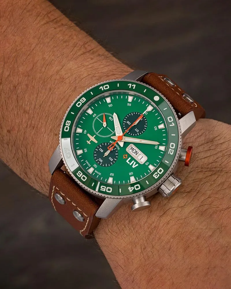 Case - Sapphire implication gravitation residue overly Crystal LIV P-51 Titanium 46MM Swiss Automatic Day-Date Chrono Men's Watch - Unidirectional Ceramic Bezel- High-Grade Titanium 