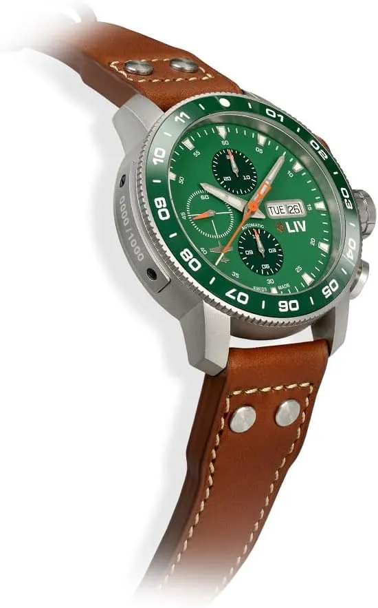 Case - Sapphire implication gravitation residue overly Crystal LIV P-51 Titanium 46MM Swiss Automatic Day-Date Chrono Men's Watch - Unidirectional Ceramic Bezel- High-Grade Titanium 