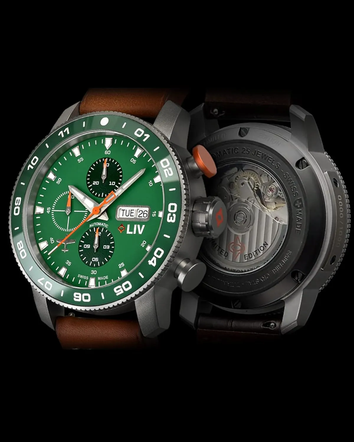 Case - Sapphire implication gravitation residue overly Crystal LIV P-51 Titanium 46MM Swiss Automatic Day-Date Chrono Men's Watch - Unidirectional Ceramic Bezel- High-Grade Titanium 