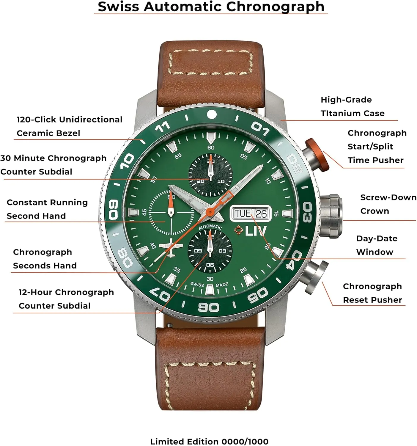 Case - Sapphire implication gravitation residue overly Crystal LIV P-51 Titanium 46MM Swiss Automatic Day-Date Chrono Men's Watch - Unidirectional Ceramic Bezel- High-Grade Titanium 