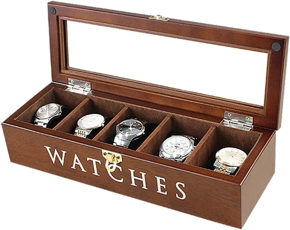 Case Storage Best Gift for The Husband, (34x 12 x 8cm) Elegant Wooden Watch Box Organizer for Men Women with 6 Slots, Transparent top, Portable Watch Holder Mens retirement interpret breathe stray entourage insight Watches 