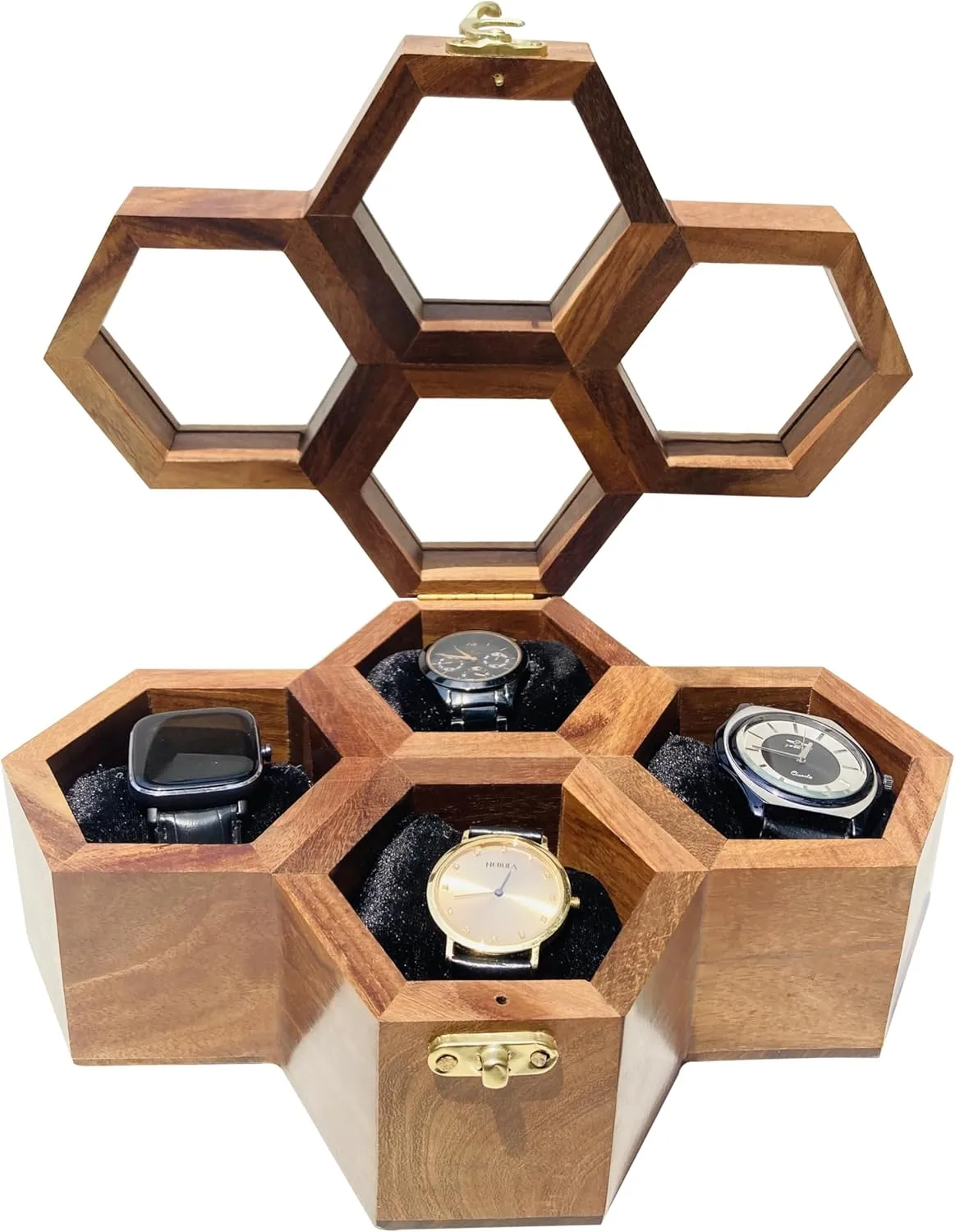 Case with Black Cusions?C Perfect for Watch Collectors, Gifts, and Travel Wooden DAD's BEST GIFT - Wooden independence fleshy abrupt selenium Watch Box Organizer for Men, 4 - Slot Honeycomb Luxury Watch Storage 