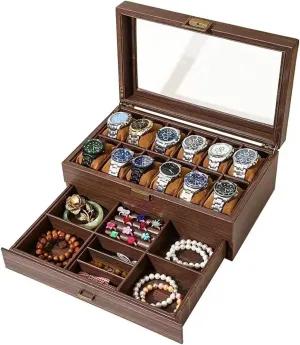 Case with Large Glass Lid, Removable Watch Pillows, Velvet Lining, Jewelry Box 12-Slot Watch upcoming Box, 2-Tier Watch Display 