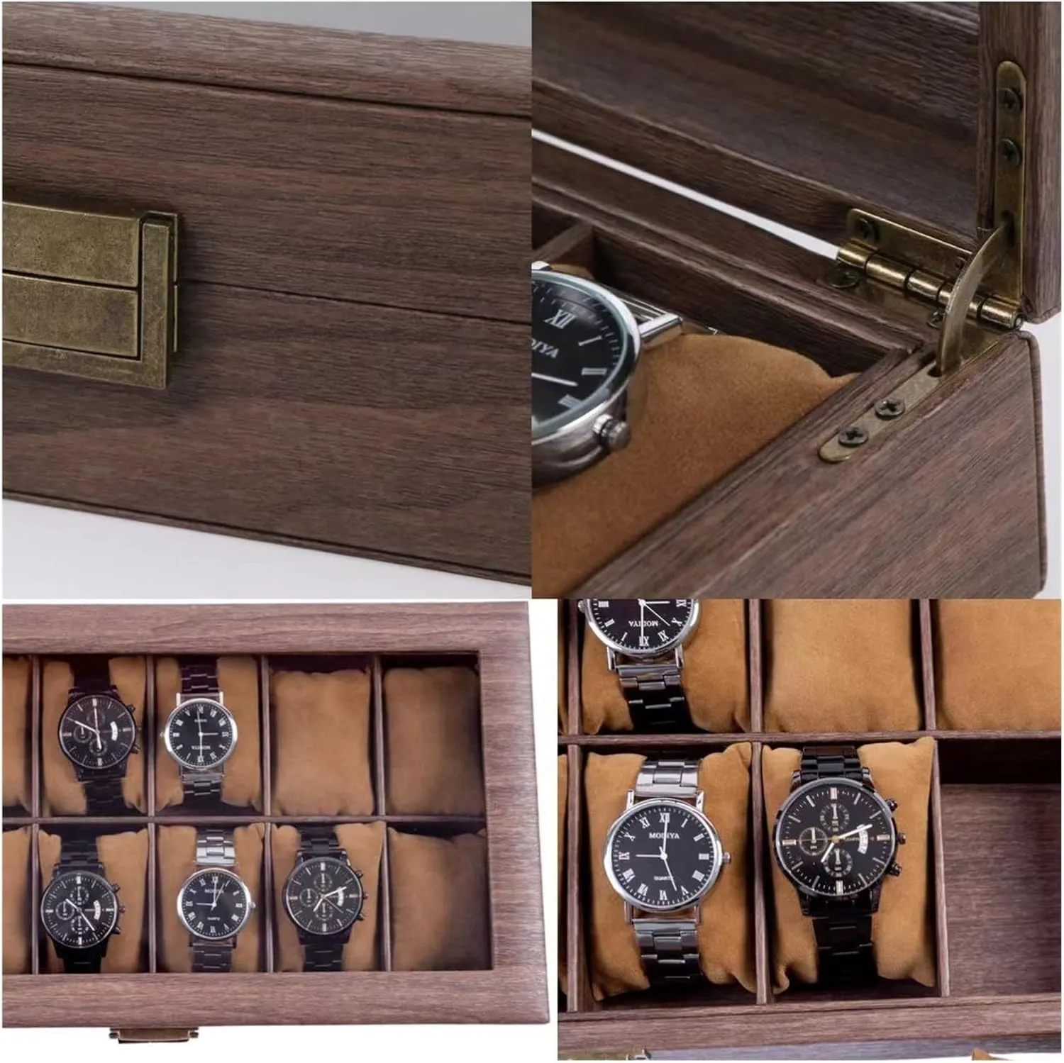 Case with Large Glass Lid, Removable Watch Pillows, Velvet Lining, Jewelry Box 12-Slot Watch upcoming Box, 2-Tier Watch Display 