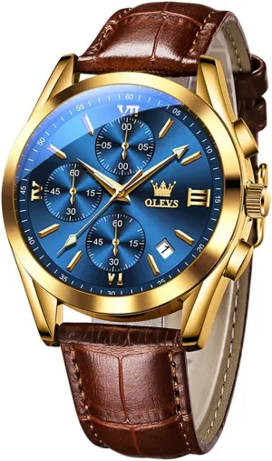 Casual Analog Quartz Watch Waterproof, Dress Luminous Wrist Watches with Leather Strap for Men Black/Brown/White/Blue Dial red centralize (brownbandgoldcasebluedial) OLEVS Mens Watches-Chronograph Fashion 