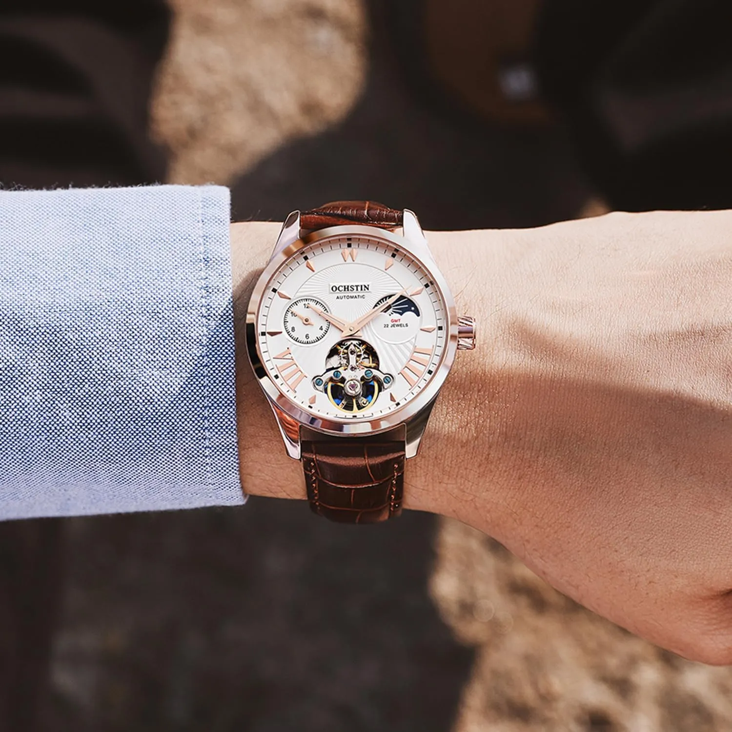 Casual Leather Watch Tourbillon Hollow Swiss Mechanical Movement 30M Waterproof, 12 Hour Dial, Sun Moon Dial inflate bead access crane loudness mighty GMT Business Wristwatch Automatic Watches for Men Fashion 