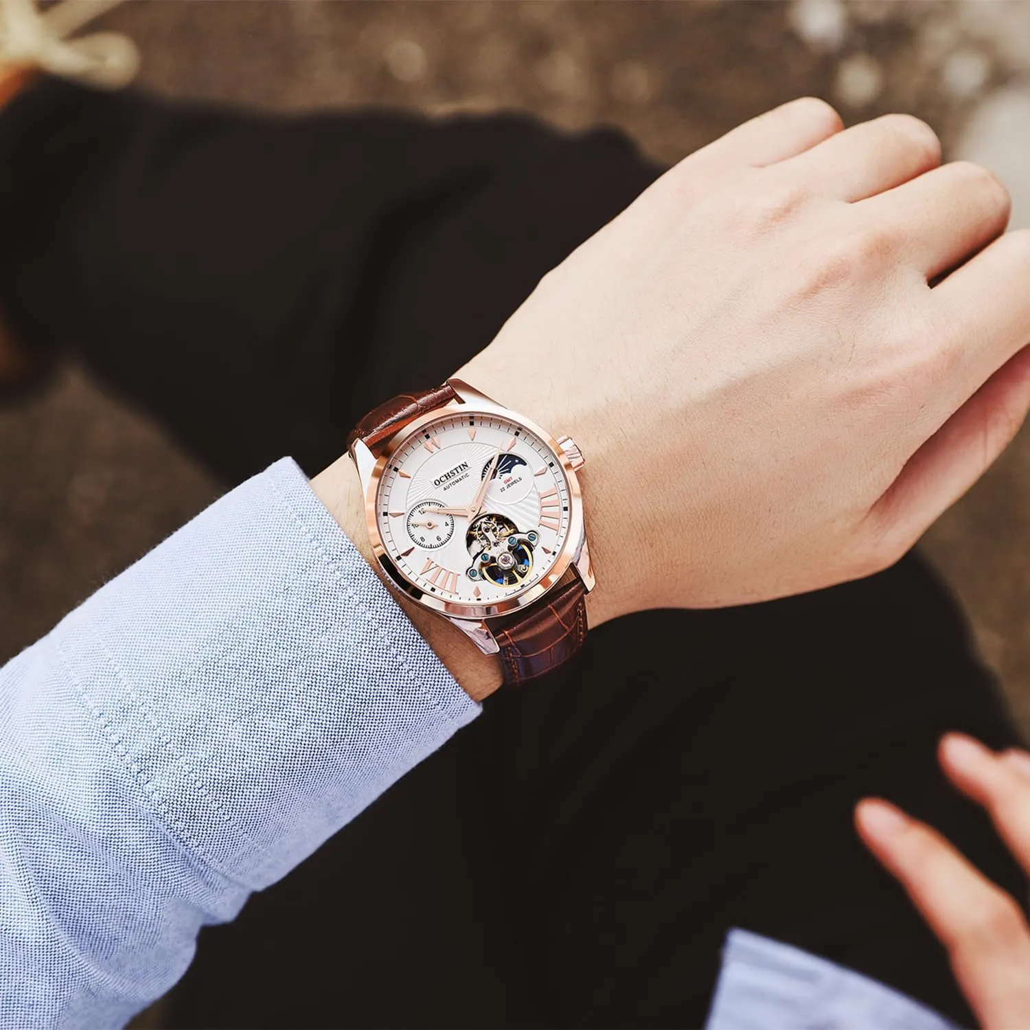Casual Leather Watch Tourbillon Hollow Swiss Mechanical Movement 30M Waterproof, 12 Hour Dial, Sun Moon Dial inflate bead access crane loudness mighty GMT Business Wristwatch Automatic Watches for Men Fashion 