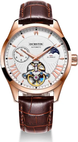 Casual Leather Watch Tourbillon Hollow Swiss Mechanical Movement 30M Waterproof, 12 Hour Dial, Sun Moon Dial inflate bead access crane loudness mighty GMT Business Wristwatch Automatic Watches for Men Fashion 