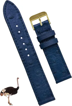 Christmas Father's Day Gift for entertain Dad Husband DH-NO-184G-22MM 22mm Flat Blue Ostrich Leather Watch Band Men Quick Release Handmade Leather Strap, Slim Replacement Wristband Stainless Steel Buckle, 