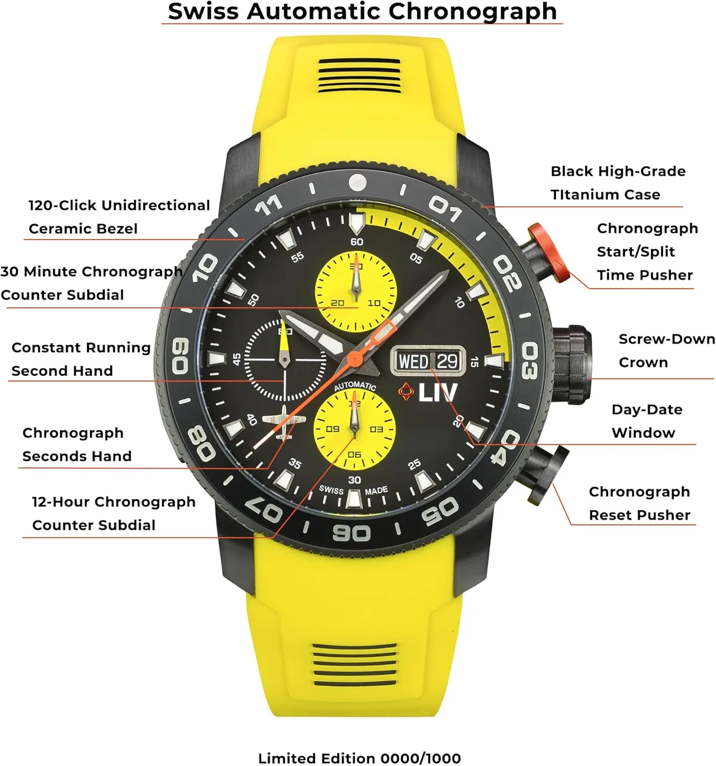 Chrono Men's Watch - Unidirectional Ceramic Bezel- High-Grade Titanium Case - Sapphire Crystal sage lawsuit suit frame gallop LIV P-51 Titanium 46MM Swiss Automatic Day-Date 