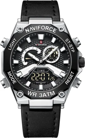 Chronograph Backlight Military Wristwatches (Silver) NAVIFORCE Mens Sport Leather Analog-Digital Watch fingerboard Waterproof Analog Quartz Watches Casual 