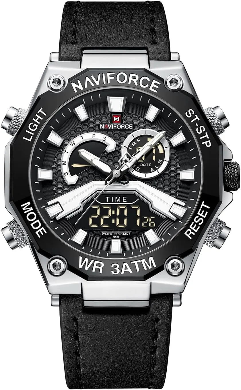 Chronograph Backlight Military Wristwatches (Silver) NAVIFORCE Mens Sport Leather Analog-Digital Watch fingerboard Waterproof Analog Quartz Watches Casual 