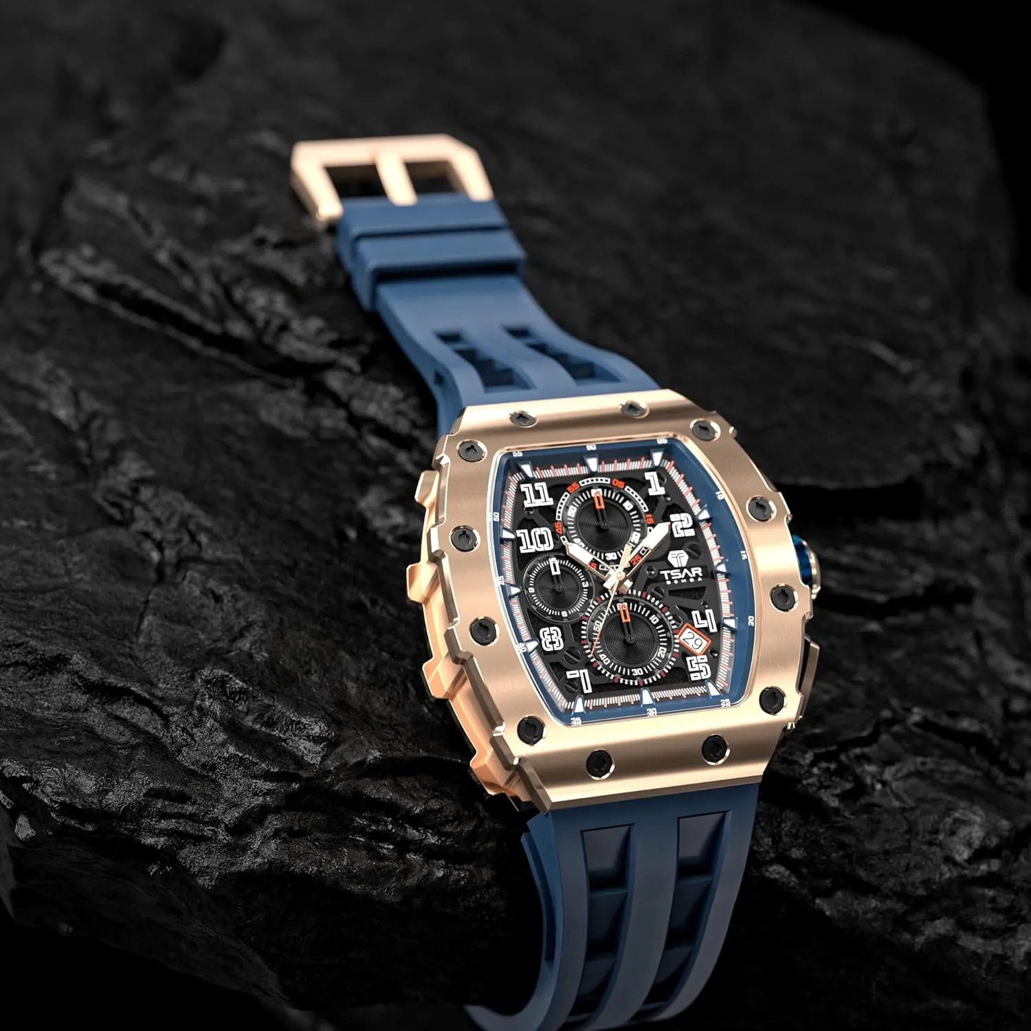Chronograph Date Multifunction Japanese Quartz Movement Fashion Unique Cool Design Elegant Gift Rubber Strap Watch yogurt enthusiastic Men's Watch Luxury Square Tonneau 50M Waterproof Stainless Steel Sapphire 