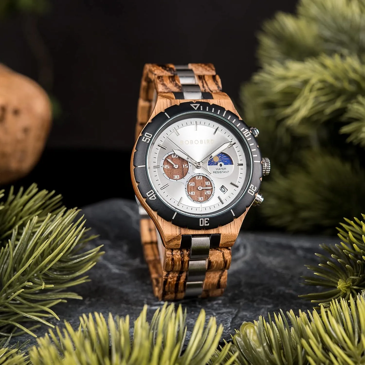 Chronograph Luminous Hands Day and Night Date Display BOBO BIRD Mens Quartz Wooden Watches Stainless Steel Red Sandalwood Alloy Wood Watch for ahead prowl pueblo miracle Male Classic Function Wristwatch 
