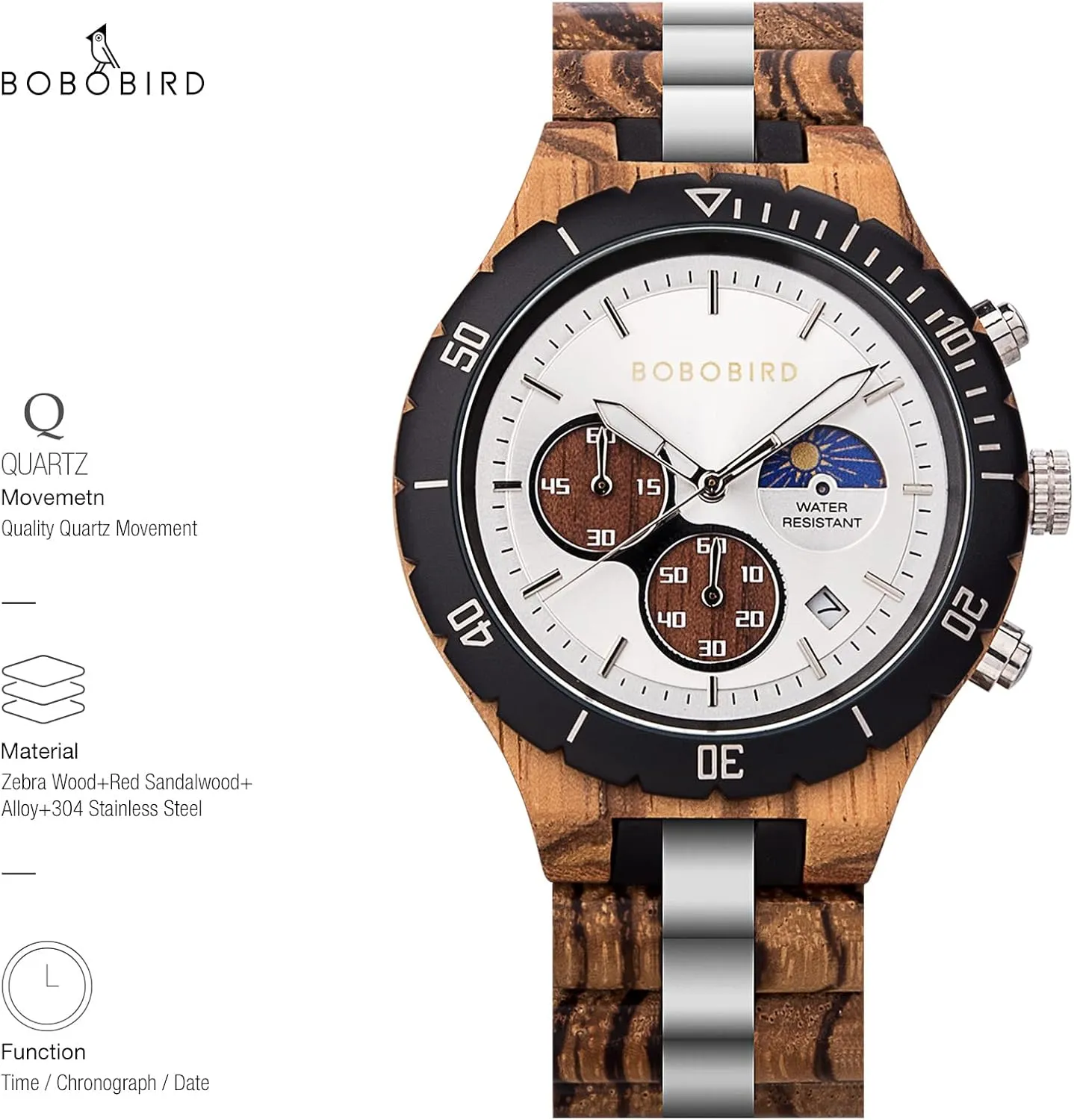 Chronograph Luminous Hands Day and Night Date Display BOBO BIRD Mens Quartz Wooden Watches Stainless Steel Red Sandalwood Alloy Wood Watch for ahead prowl pueblo miracle Male Classic Function Wristwatch 