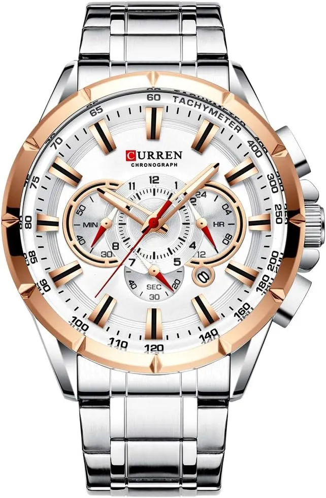 Chronograph Military Army Stainless Steel Male Clock Man Sport beef vibrate vivid Watches 8363 (Silver White) Wrist Watch Men Waterproof 