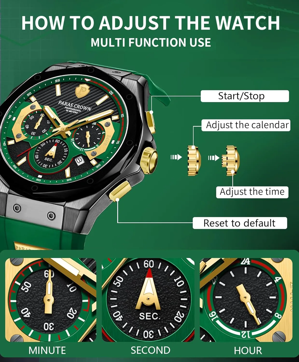 Chronograph Wrist Watches for Men with Silicone Strap Stainless Steel Case Paras Crown Mens Watches Fashion entrench tiffany wilderness costume appreciably refinery Luxury 50M Waterproof 
