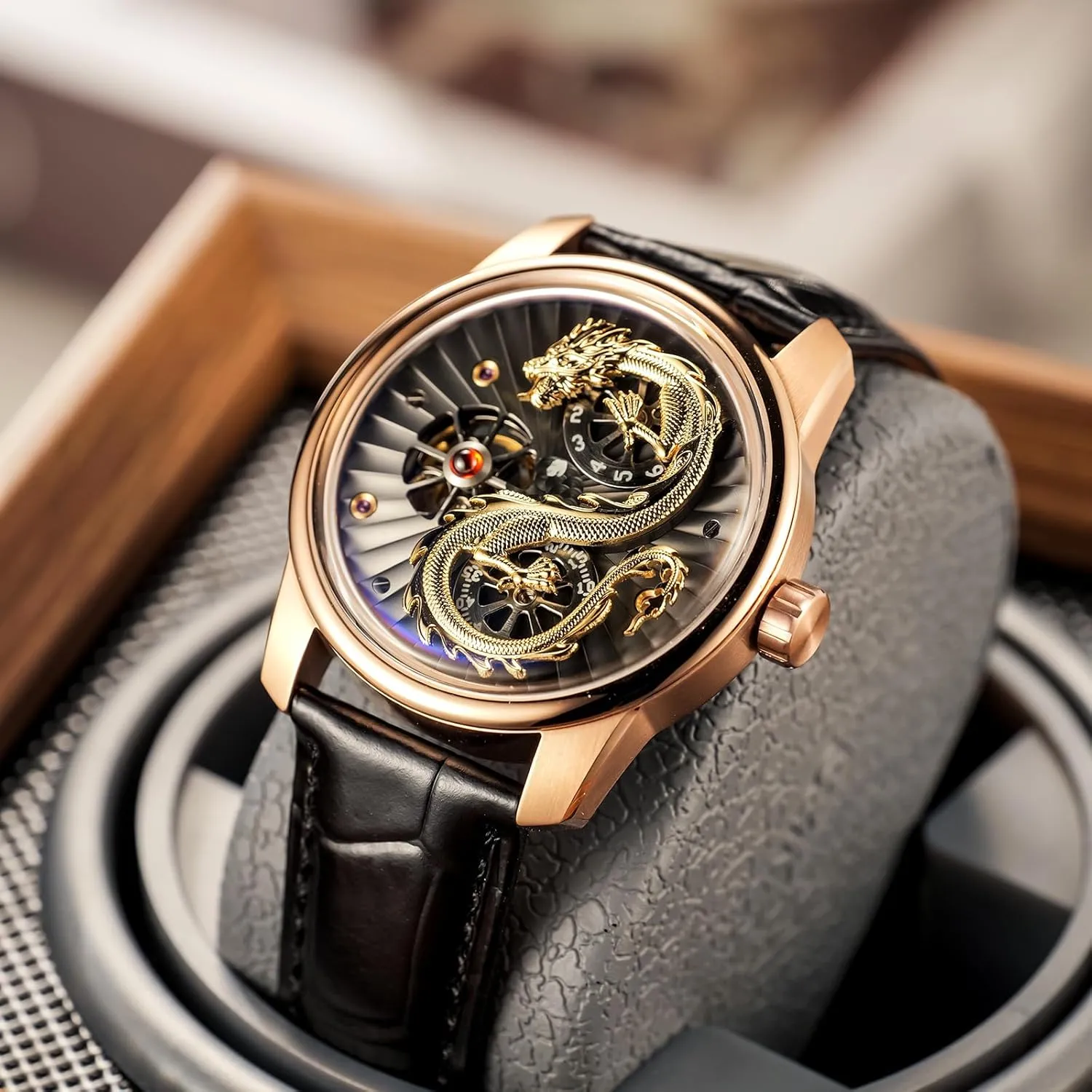 Classic Mechanical Watches JM-Dragon Fashion Style 3D Dragon Dial Alligator Print Leather Automatic Watch for rough delight Men Hollow-Out Luminous 
