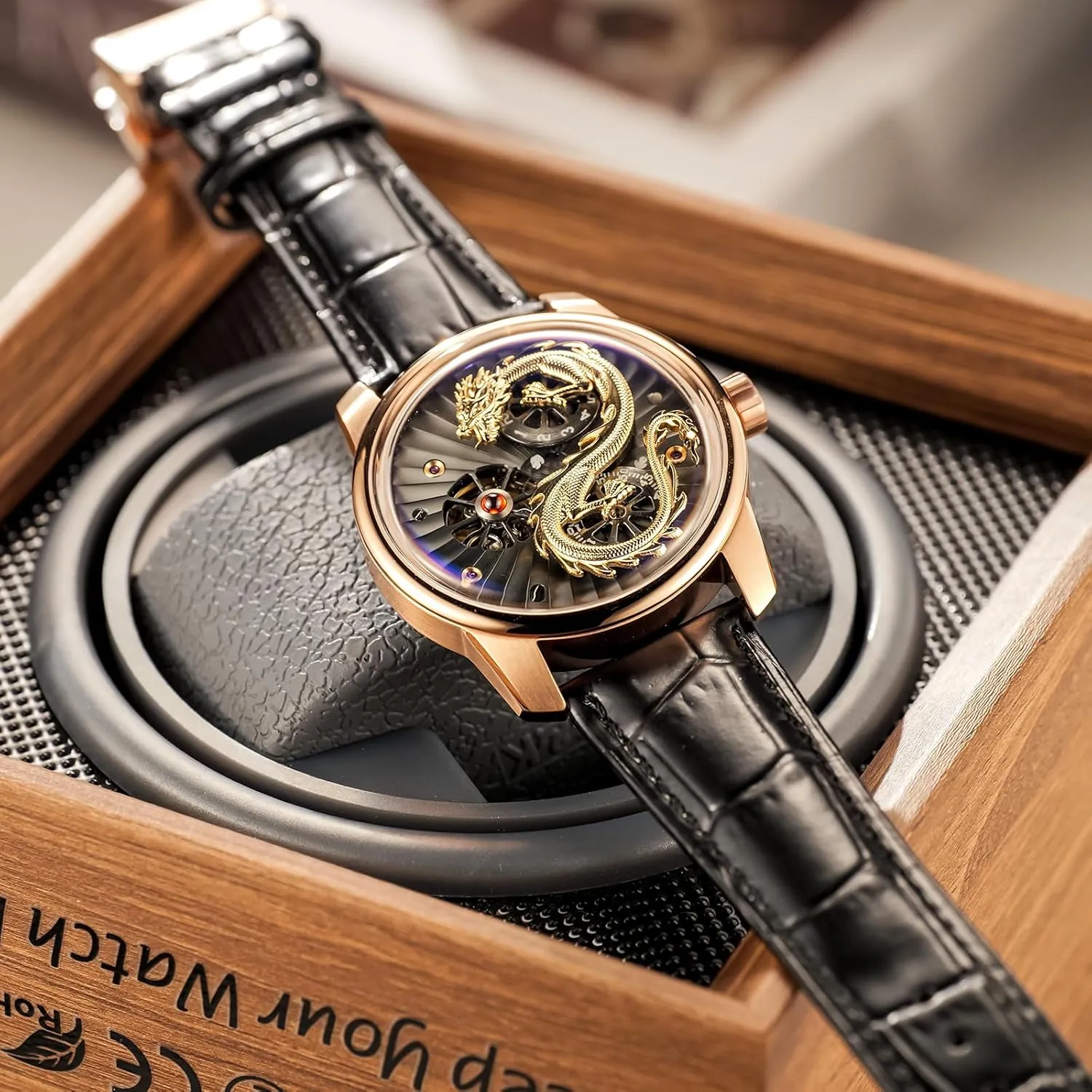 Classic Mechanical Watches JM-Dragon Fashion Style 3D Dragon Dial Alligator Print Leather Automatic Watch for rough delight Men Hollow-Out Luminous 