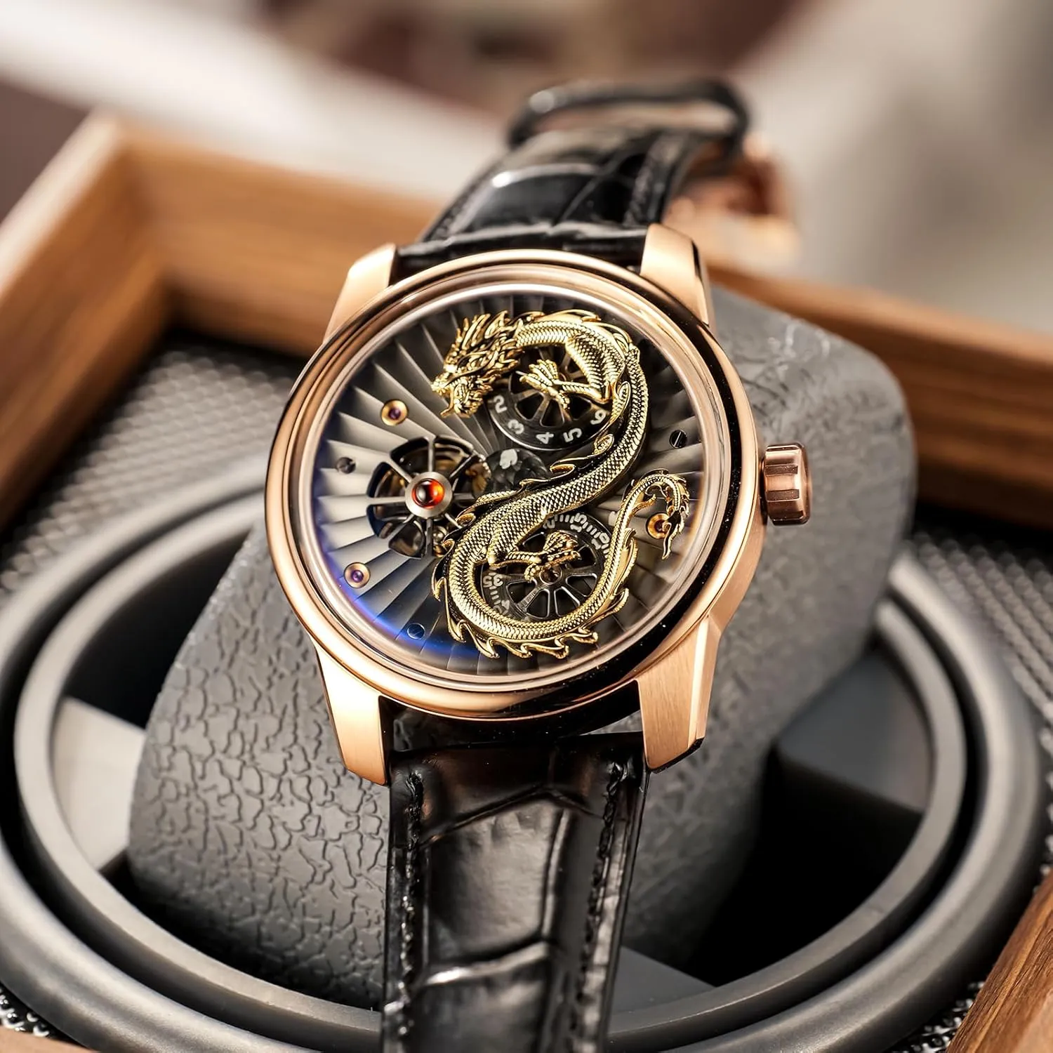 Classic Mechanical Watches JM-Dragon Fashion Style 3D Dragon Dial Alligator Print Leather Automatic Watch for rough delight Men Hollow-Out Luminous 
