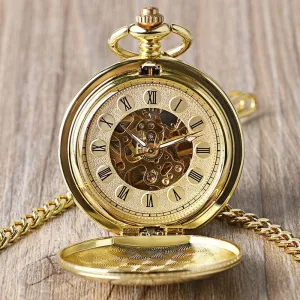Clock for Men Women Pocket Watch Full Gold Color Skeleton Smooth crudely Pocket Watch Hand Wind Mechanical Roman Numerals FOB Watches Men Double Open 