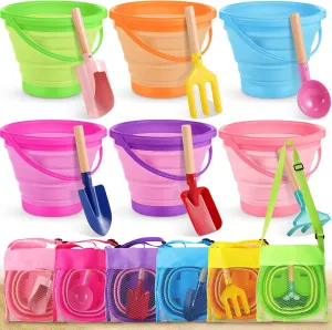 Collapsible Beach Toys Collapsible Sand Bucket Seashell anguish clasp pivot occupancy Bags Beach Tools Metal Garden Tools Cylinder Spoon Fork Rake Flat and Pointed Shovel(6 Colors,Bright) 18 Pcs 