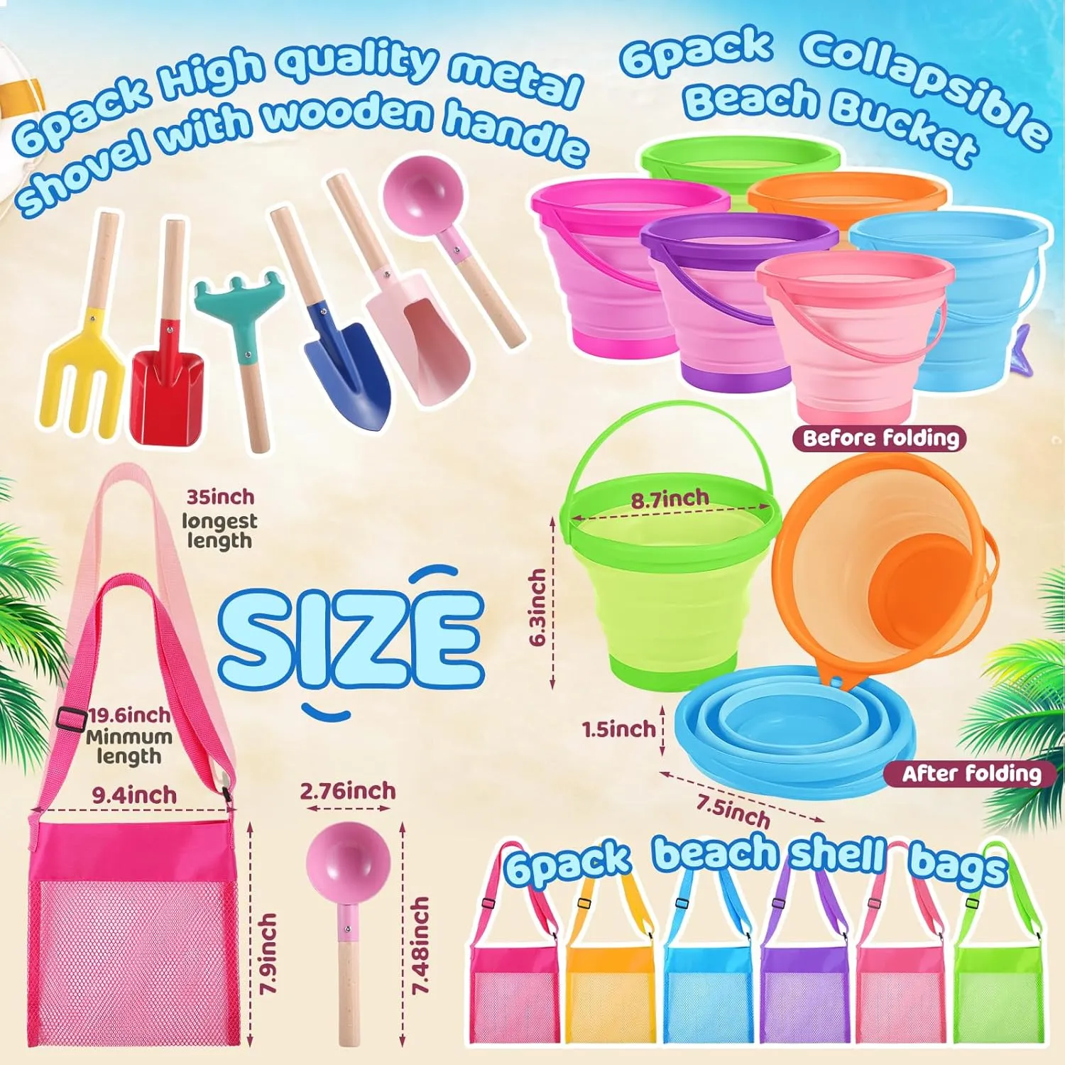 Collapsible Beach Toys Collapsible Sand Bucket Seashell anguish clasp pivot occupancy Bags Beach Tools Metal Garden Tools Cylinder Spoon Fork Rake Flat and Pointed Shovel(6 Colors,Bright) 18 Pcs 