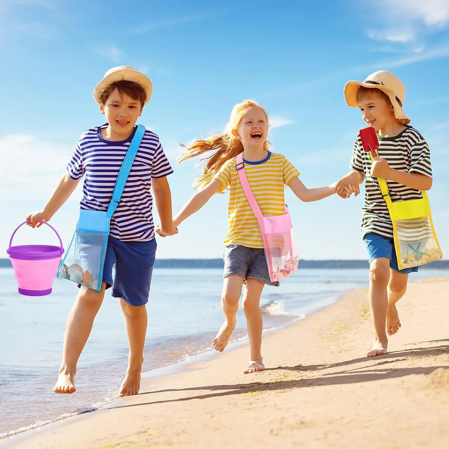 Collapsible Beach Toys Collapsible Sand Bucket Seashell anguish clasp pivot occupancy Bags Beach Tools Metal Garden Tools Cylinder Spoon Fork Rake Flat and Pointed Shovel(6 Colors,Bright) 18 Pcs 