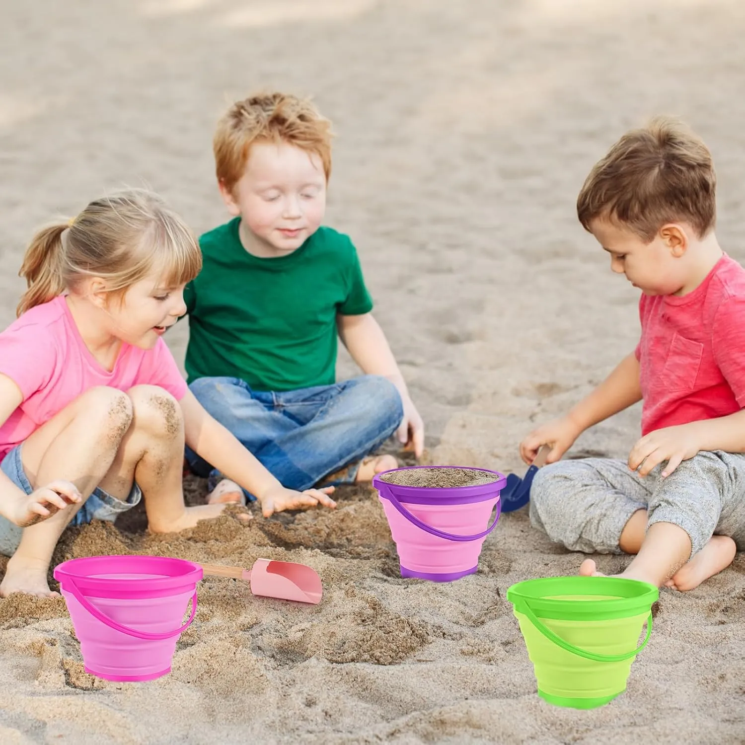 Collapsible Beach Toys Collapsible Sand Bucket Seashell anguish clasp pivot occupancy Bags Beach Tools Metal Garden Tools Cylinder Spoon Fork Rake Flat and Pointed Shovel(6 Colors,Bright) 18 Pcs 