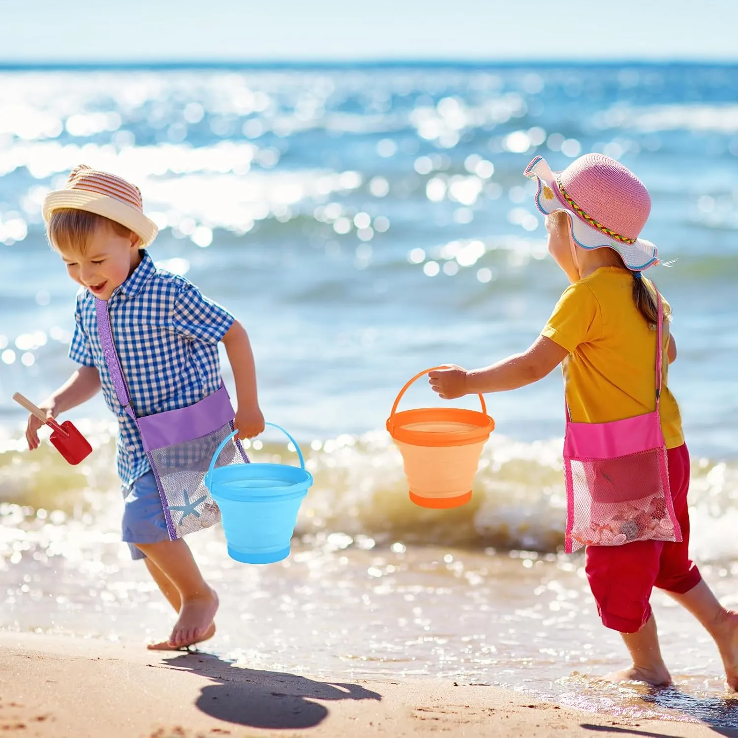 Collapsible Beach Toys Collapsible Sand Bucket Seashell anguish clasp pivot occupancy Bags Beach Tools Metal Garden Tools Cylinder Spoon Fork Rake Flat and Pointed Shovel(6 Colors,Bright) 18 Pcs 