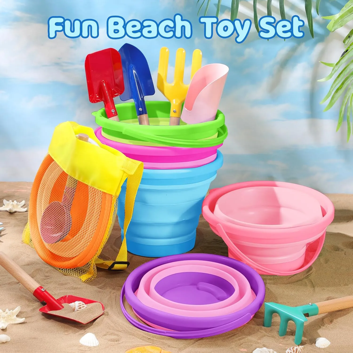 Collapsible Beach Toys Collapsible Sand Bucket Seashell anguish clasp pivot occupancy Bags Beach Tools Metal Garden Tools Cylinder Spoon Fork Rake Flat and Pointed Shovel(6 Colors,Bright) 18 Pcs 