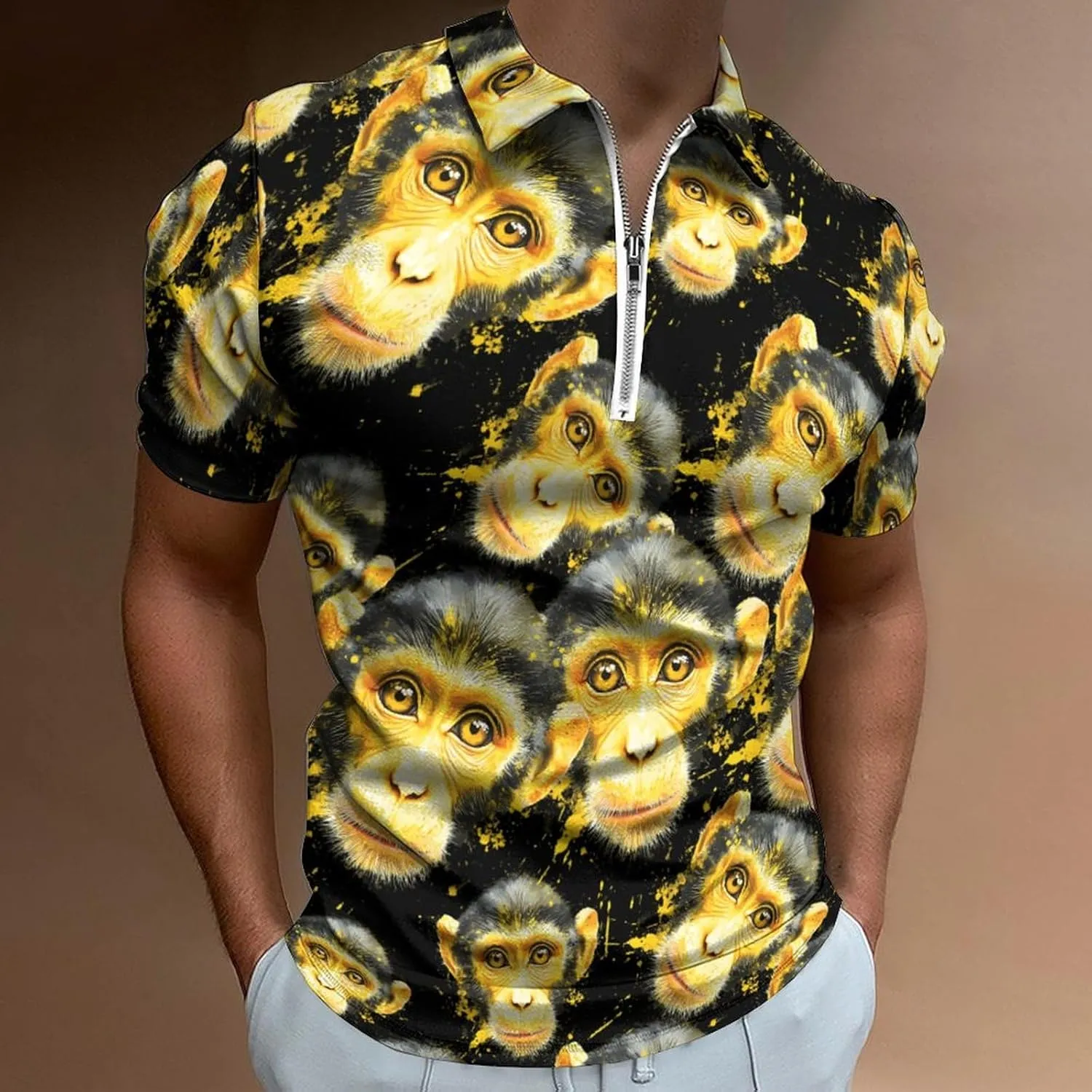 Collared Casual Mens Tees Monkey reveal Face Watercolor Golf Shirts for Men Short Sleeve Polo Shirt 