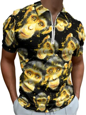 Collared Casual Mens Tees Monkey reveal Face Watercolor Golf Shirts for Men Short Sleeve Polo Shirt 