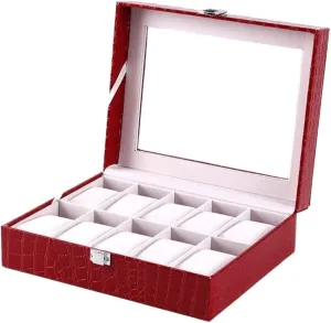 (Color : Red, Size : 25.5 * 20.5 * 8cm) Watch Case Watch Roll Watch Storage Box Red Pattern PU Leather Watch Box Clear Top Metal Buckle Watches Storage Case ornamentation daguerreotype Watch Box Watch Winder 