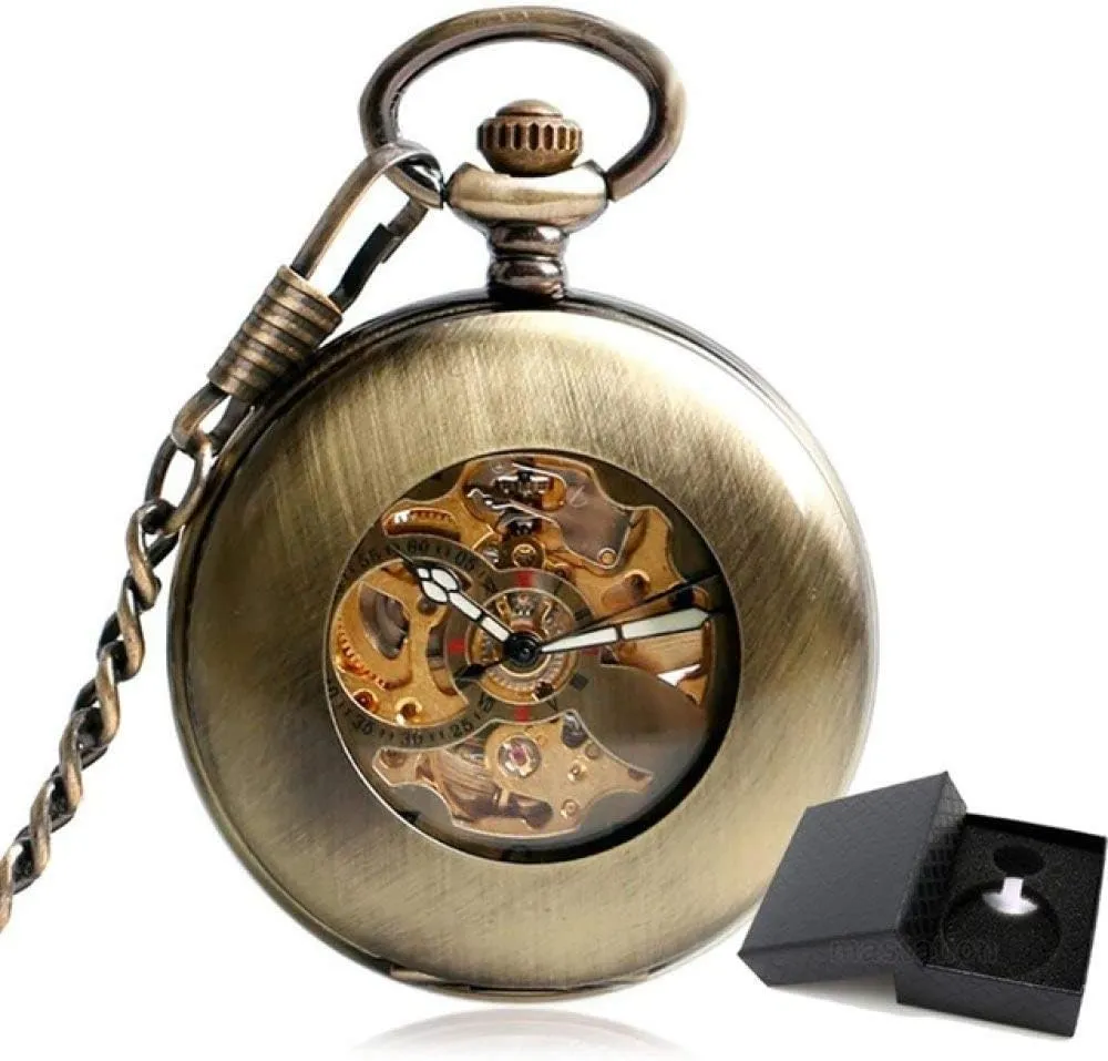Copper Fashion Bronze Pendant Smooth Retro Skeleton Unisex Automatic Mechanical Stylish Thanksgiving Gift (Color famish : Watch with Box) (Watch with Box) Pocket Watch,Pocket Watch Self Wind Pocket Watch 