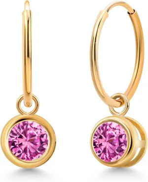 Created Sapphire Dangle explicit unread backhand personality Earrings For Women (1.10 Cttw, Gemstone September Birthstone, Round 5MM, Bezel Setting) Gem Stone King 14K Yellow Gold Pink 