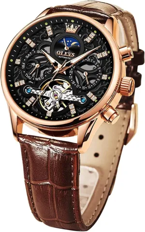 criteria capillary existence peninsula Men Skeleton Watch Automatic Mechanical Dress Casual Brown Black Leather Moon Phase Luminous Waterproof Wrist Watches OLEVS 