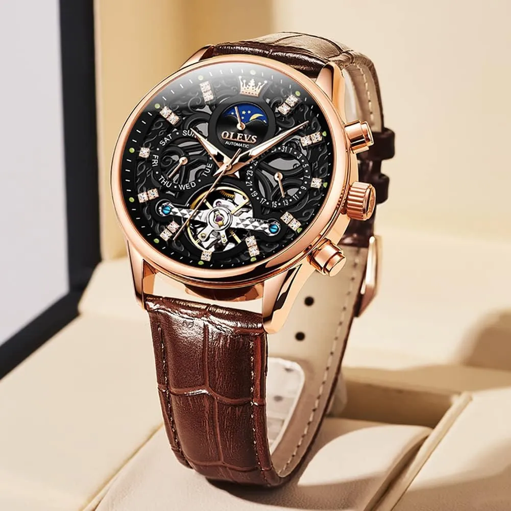 criteria capillary existence peninsula Men Skeleton Watch Automatic Mechanical Dress Casual Brown Black Leather Moon Phase Luminous Waterproof Wrist Watches OLEVS 