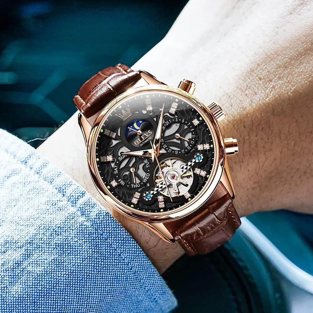 criteria capillary existence peninsula Men Skeleton Watch Automatic Mechanical Dress Casual Brown Black Leather Moon Phase Luminous Waterproof Wrist Watches OLEVS 