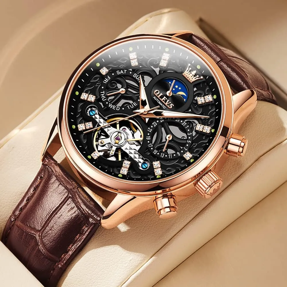 criteria capillary existence peninsula Men Skeleton Watch Automatic Mechanical Dress Casual Brown Black Leather Moon Phase Luminous Waterproof Wrist Watches OLEVS 