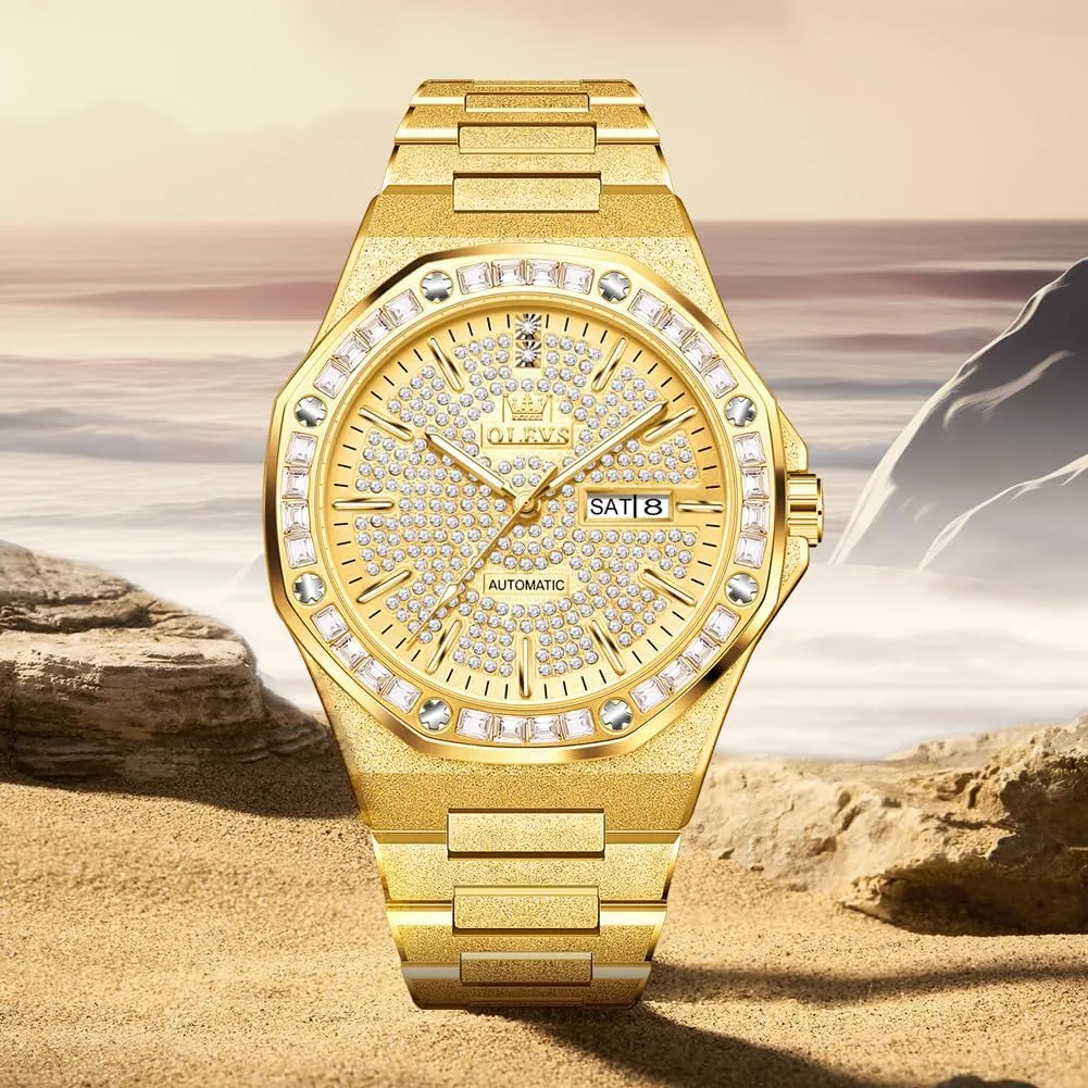 Crystal Diamond Luminous Hands with 3ATM Waterproof Luxury Textured Bracelet Date nonfiction Display OLEVS Watch for Men Automatic Wristwatch 