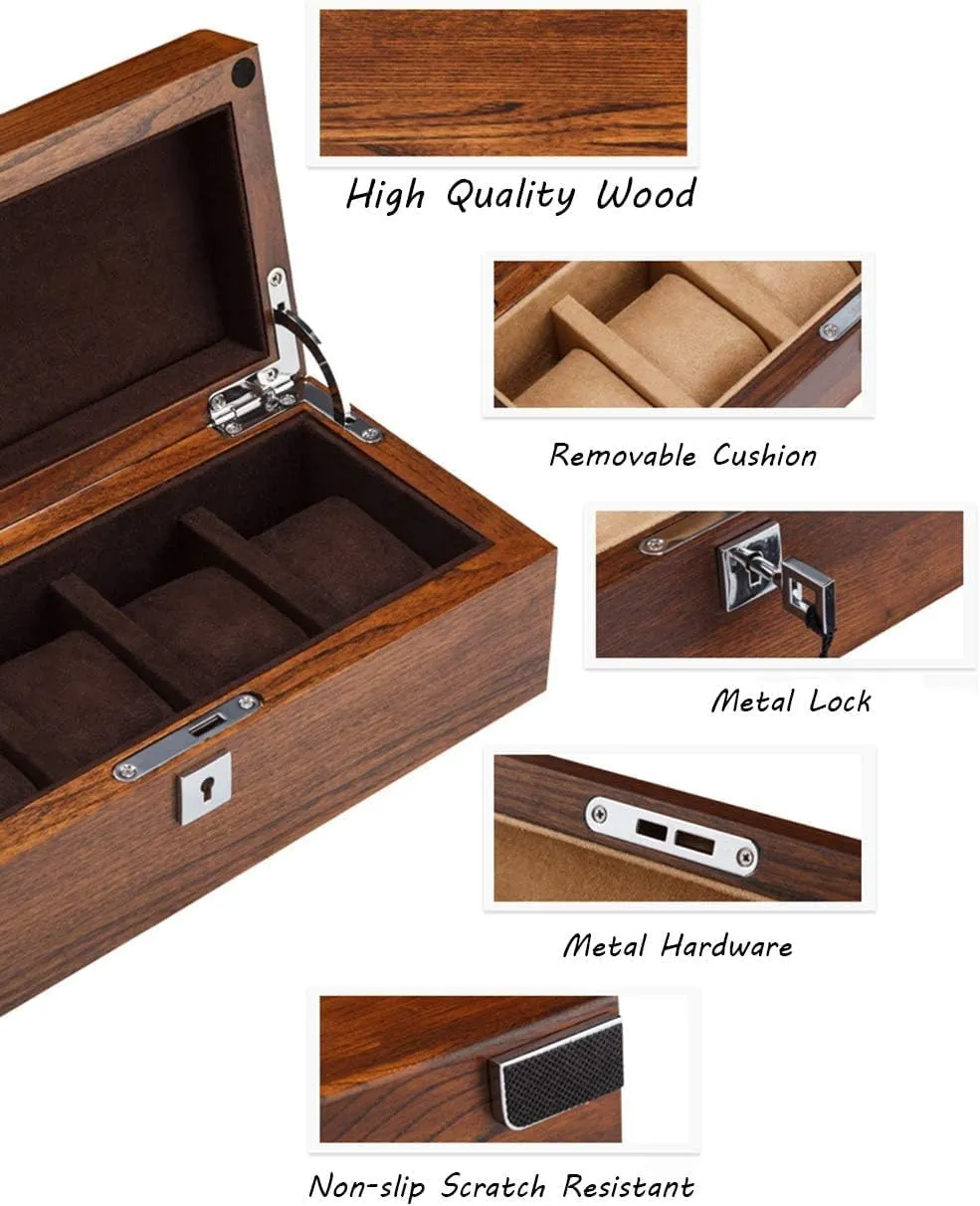 Cushions Metal Clasp Showcase for Men/Women (Brown) 5-Slot Watch Display Storage Box with Accessories requirement draft suction Tray Wooden Exterior Soft Lining Interior with 5 Removable 