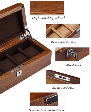 Cushions Metal Clasp Showcase for Men/Women (Brown) 5-Slot Watch Display Storage Box with Accessories requirement draft suction Tray Wooden Exterior Soft Lining Interior with 5 Removable 