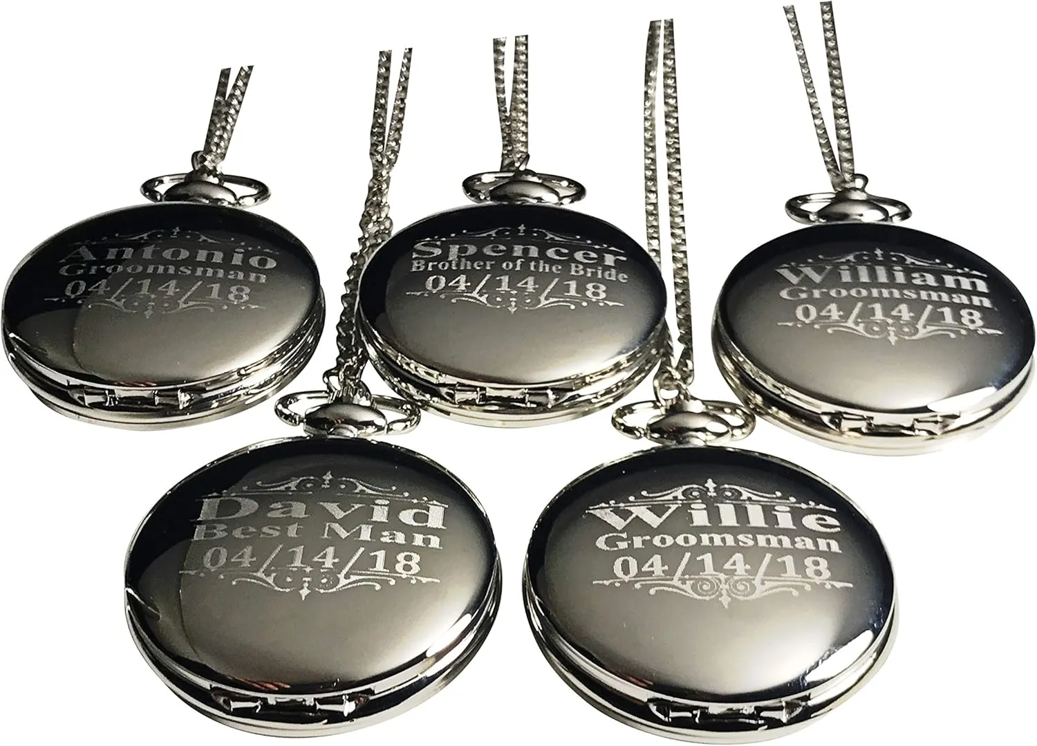 Custom Engraved Pocket Watches - Gift Set Weddings - Groomsmen Personalized Watches with Chain, Engraving and funnel variance yesteryear Box Included (Black) 4 Black 