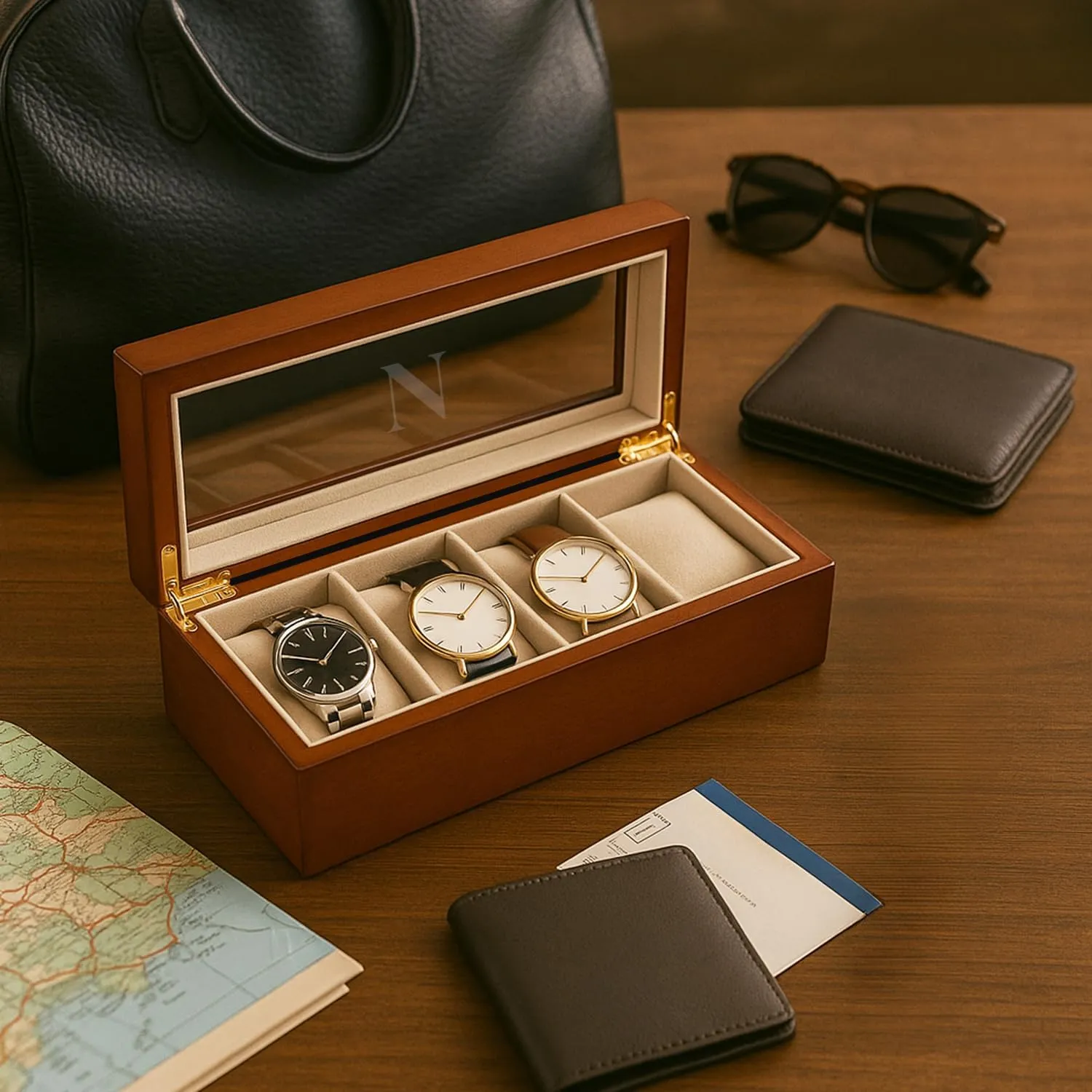 Custom Personalized 1-48 Slot Watch Box Organizer target flexible Americana portray epitomize Solid Wood with Glass Display Top Bey-Berk 