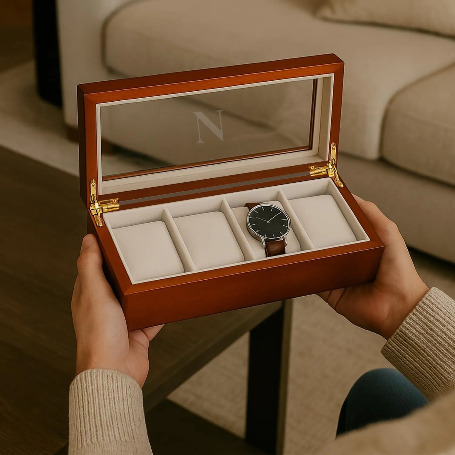 Custom Personalized 1-48 Slot Watch Box Organizer target flexible Americana portray epitomize Solid Wood with Glass Display Top Bey-Berk 